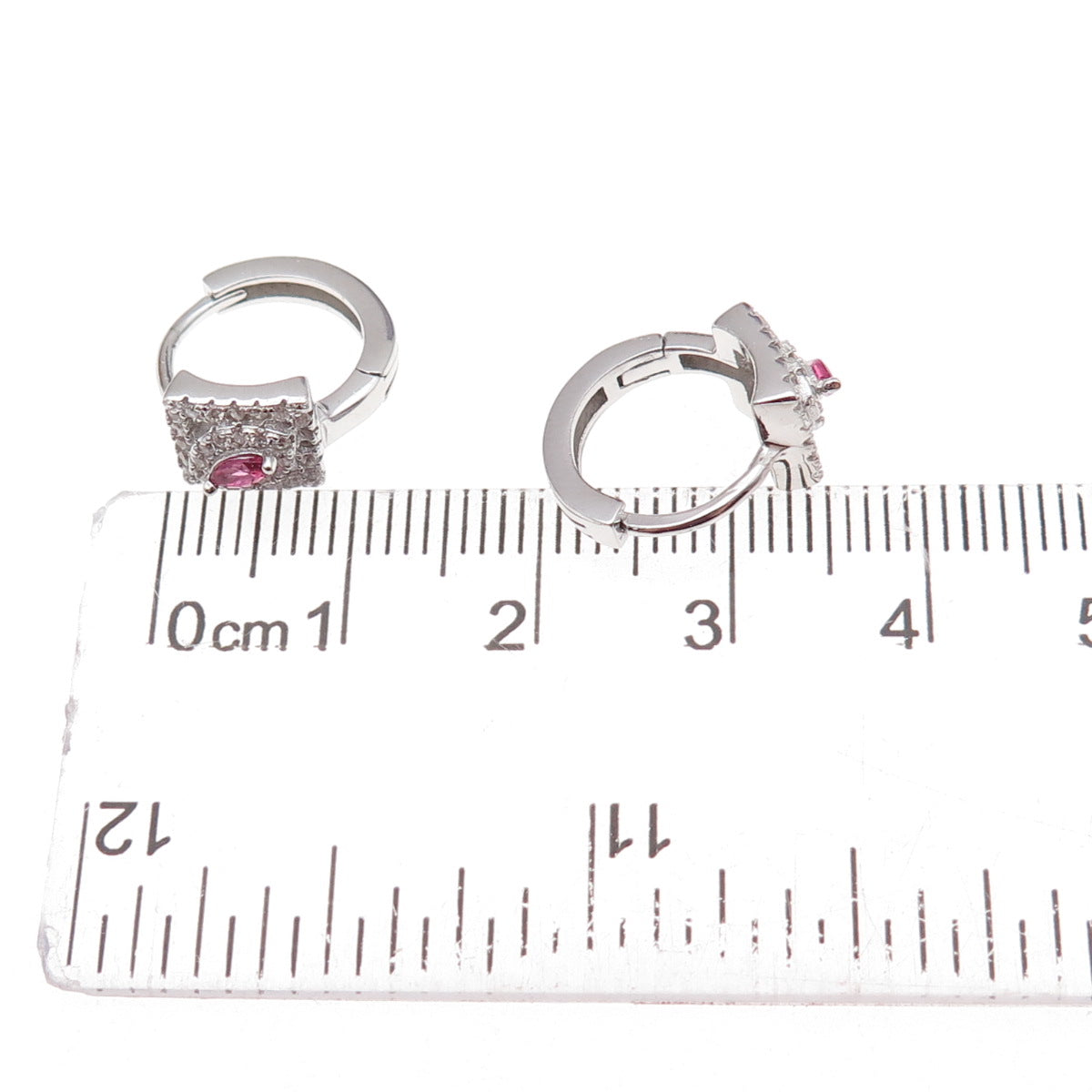 925 Sterling Silver Pink & White C Z Hoop Earrings
