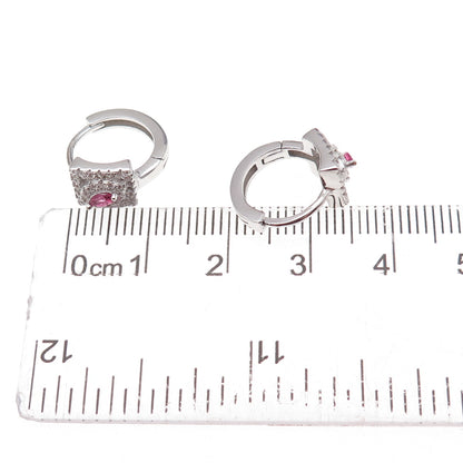 925 Sterling Silver Pink & White C Z Hoop Earrings