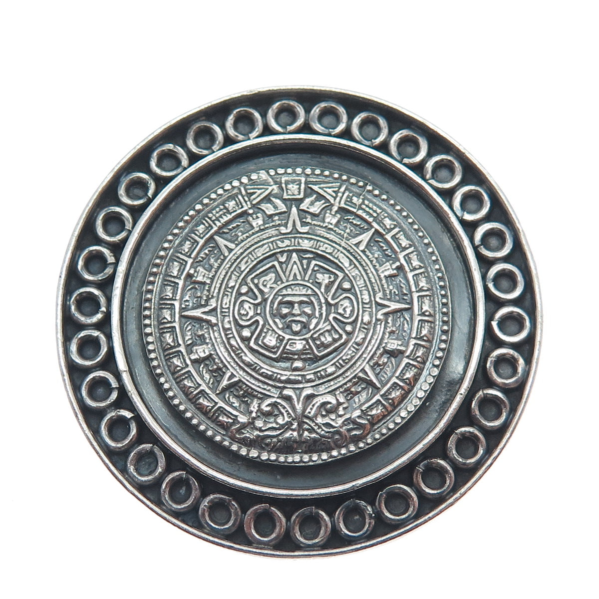 925 Sterling Silver Vintage Mexico Mayan Calendar Oxidized Pin Brooch / Pendant