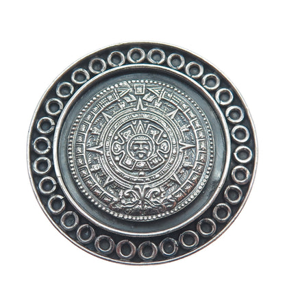 925 Sterling Silver Vintage Mexico Mayan Calendar Oxidized Pin Brooch / Pendant