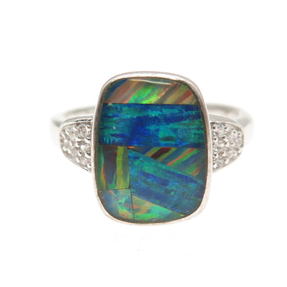 925 Sterling Silver Real Doublet Opal & C Z Mosaic Ring Size 9.25