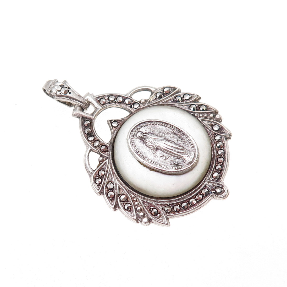 925 Sterling Silver Antique Art Deco Real MOP & Marcasite St. Mary Charm Pendant