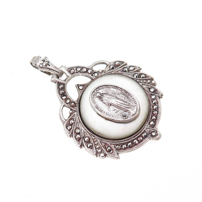 925 Sterling Silver Antique Art Deco Real MOP & Marcasite St. Mary Charm Pendant