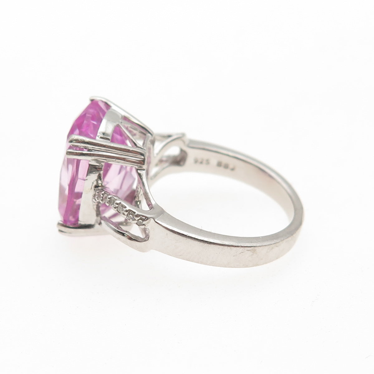 925 Sterling Silver Real Round-Cut Diamond & Oval-Cut Pink Topaz Ring Size 7