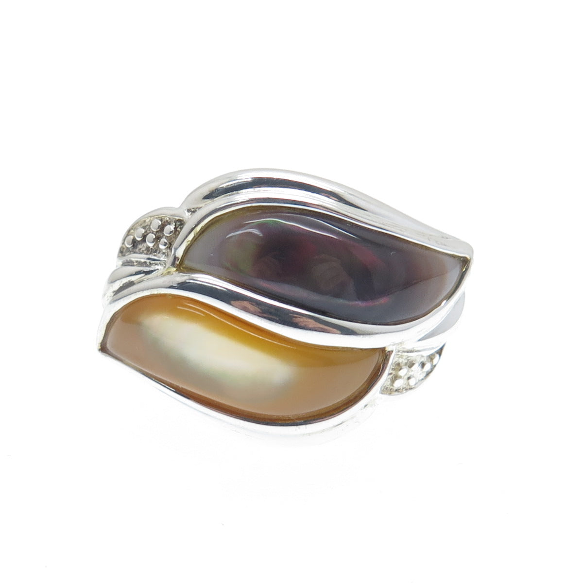 925 Sterling Silver Vintage WW Hong Kong Real MOP & Abalone Shell Ring Size 5.25