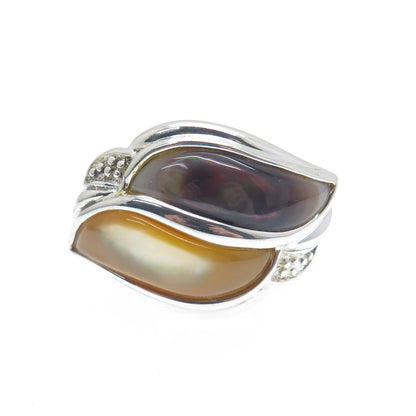 925 Sterling Silver Vintage WW Hong Kong Real MOP & Abalone Shell Ring Size 5.25