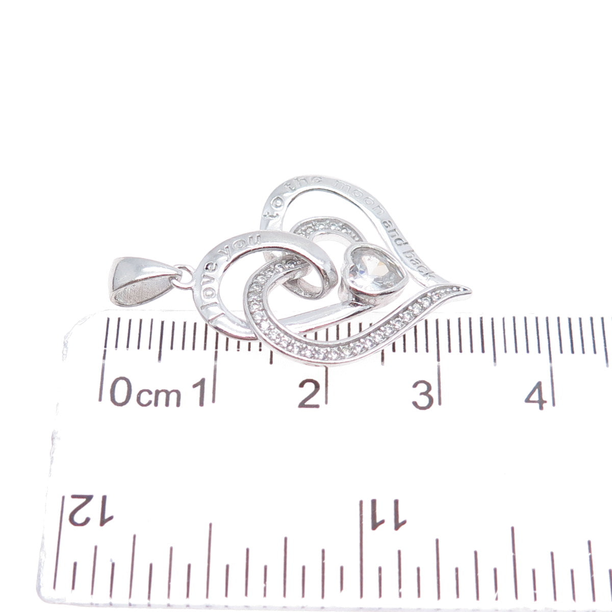 925 Sterling Silver C Z I Love You To The Moon & Back Double Heart Charm Pendant