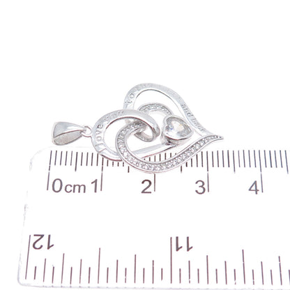 925 Sterling Silver C Z I Love You To The Moon & Back Double Heart Charm Pendant