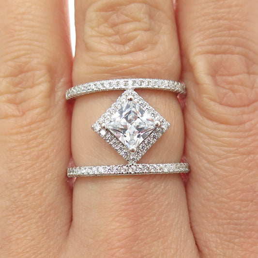 925 Sterling Silver Princess & Round-Cut C Z Modernist Ring Size 8