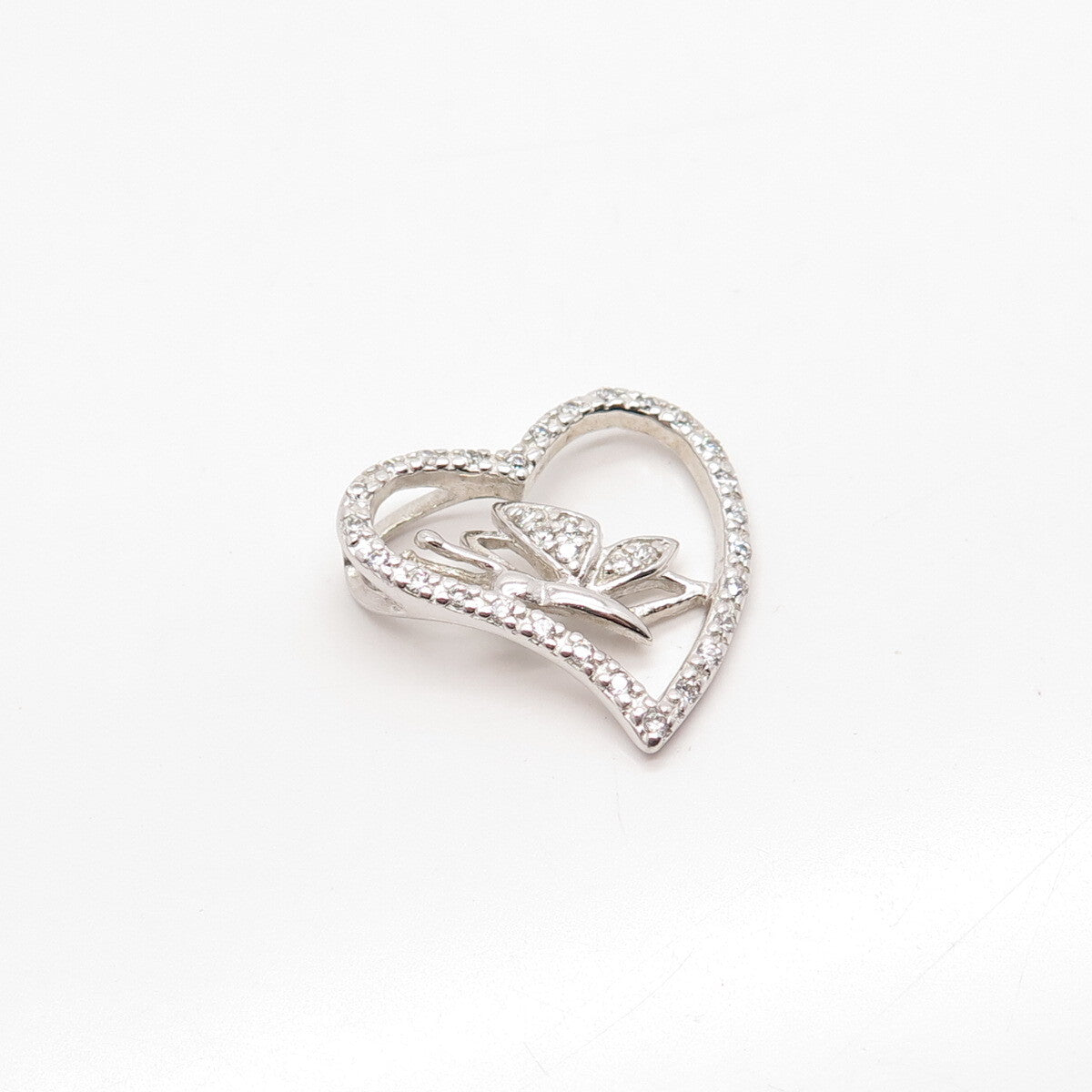 925 Sterling Silver Pave C Z Heart & Butterfly Slide Pendant