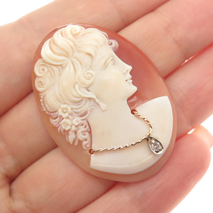 14K Gold Antique Real Round-Cut Diamond & MOP Victorian Lady Cameo