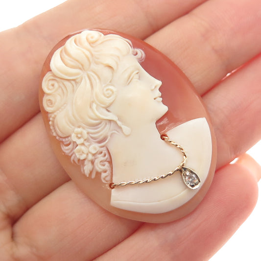14K Gold Antique Real Round-Cut Diamond & MOP Victorian Lady Cameo