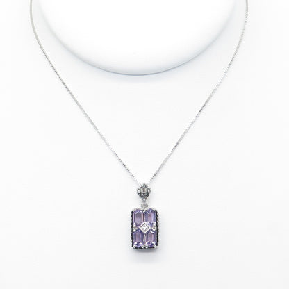 925 Sterling Silver Real Emerald-Cut Amethyst & C Z Box Chain Necklace 18"