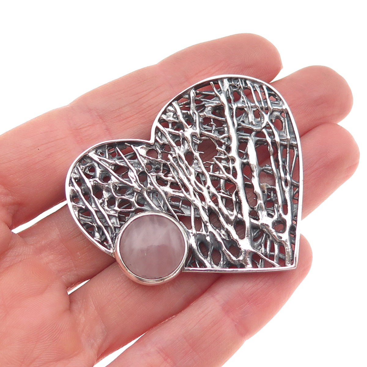 925 Sterling Vintage Real Rose Quartz Modernist Heart Oxidized Slide Pendant