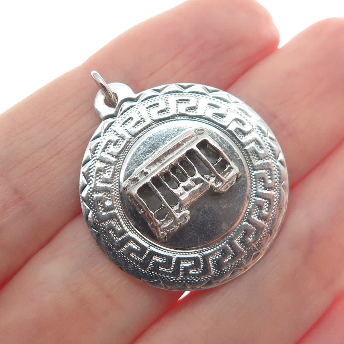 SASCO 925 Sterling Silver Vintage Cable Car Greek Key Round Tag Pendant