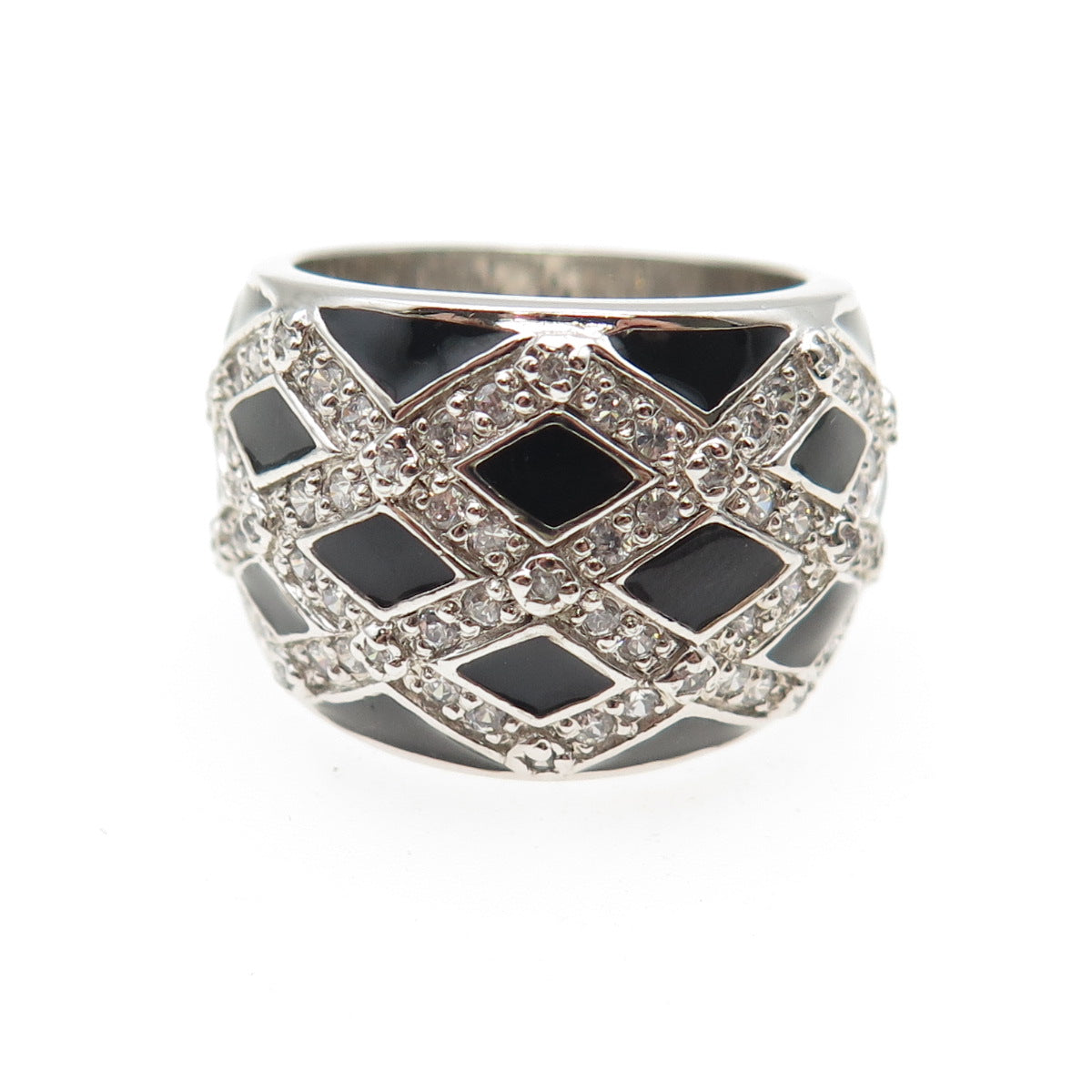 925 Sterling Silver Black Enamel Round-Cut C Z Ring Size 7.25