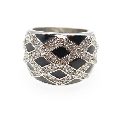 925 Sterling Silver Black Enamel Round-Cut C Z Ring Size 7.25