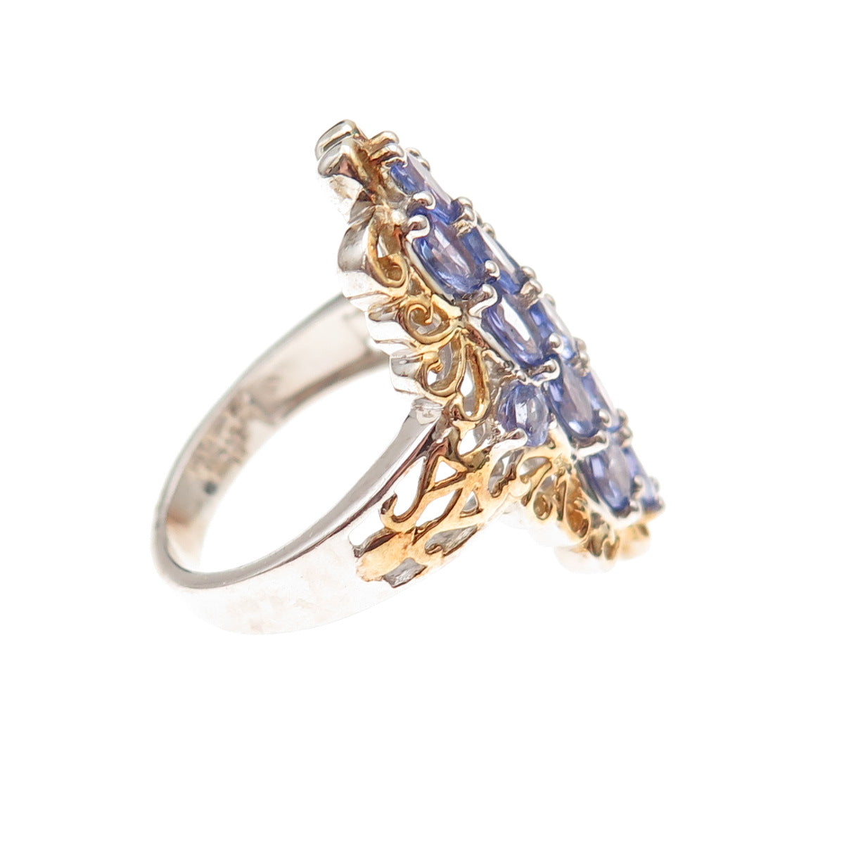 Chuck Clemency 925 Sterling Silver 2-Tone Real Tanzanite Floral Ring Size 8.25