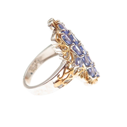 Chuck Clemency 925 Sterling Silver 2-Tone Real Tanzanite Floral Ring Size 8.25