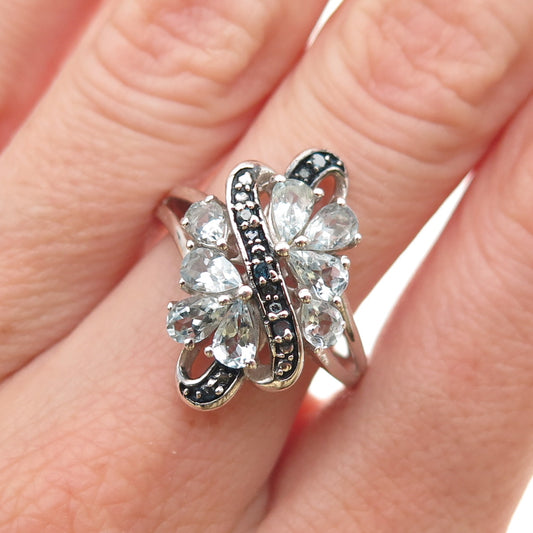 Chuck Clemency 925 Sterling Silver Real Blue Diamond & Aquamarine Ring Size 7