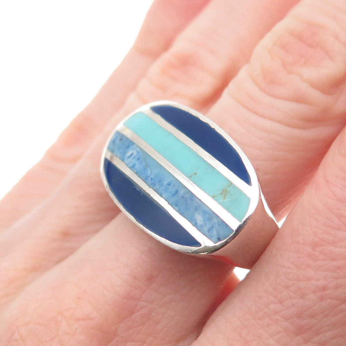 ATI Annika Witt Sterling Silver Vintage Real Turquoise & Lapis Ring Size 7.75