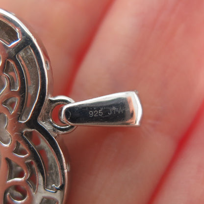 925 Sterling Silver Real Round-Cut Diamond Ornate Heart Charm Pendant