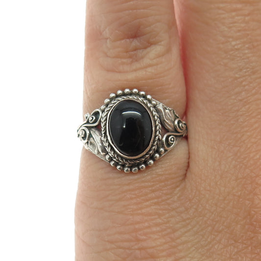 925 Sterling Silver Vintage Real Black Onyx Swirl Oxidized Ring Size 5.25