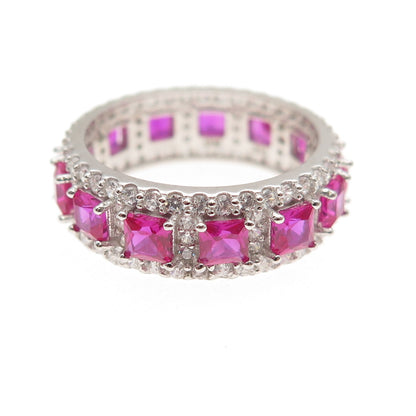 925 Sterling Silver Lab-Created Ruby & C Z Band Ring Size 5.25