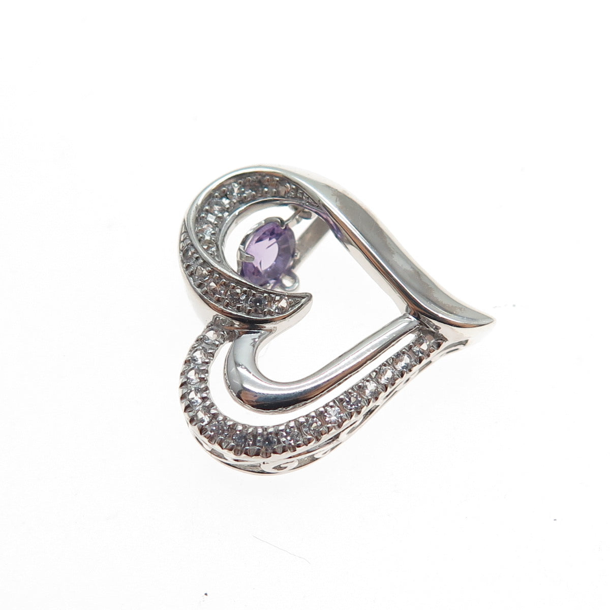 925 Sterling Silver Real Round-Cut Amethyst White Topaz Heart Mini Slide Pendant