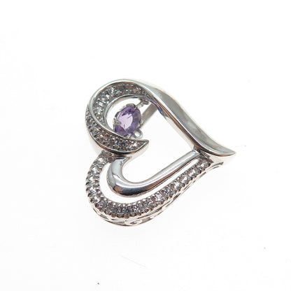 925 Sterling Silver Real Round-Cut Amethyst White Topaz Heart Mini Slide Pendant
