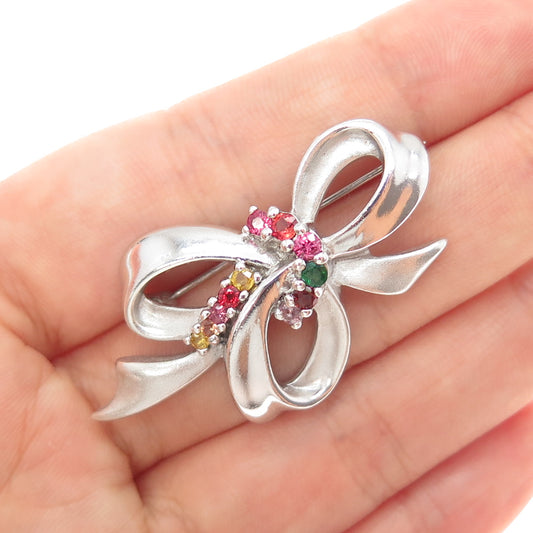 925 Sterling Silver Vintage Real Multi-Color Gem Ribbon Bow Pin Brooch