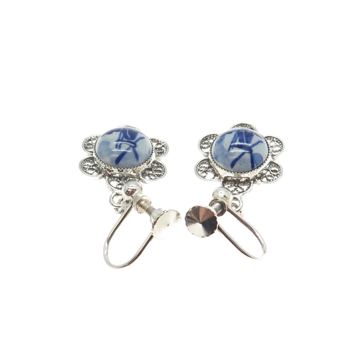 DELFT 925 Sterling Silver Vintage Ceramic Old Mill Filigree Screw Back Earrings