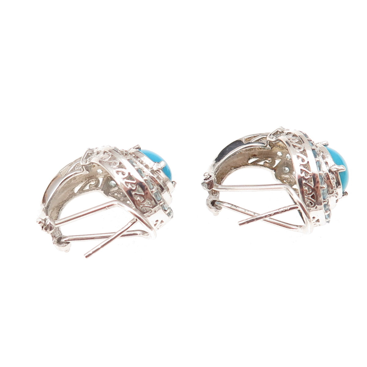 Chuck Clemency Sterling Real Turquoise Blue & White Topaz Omega Back Earrings