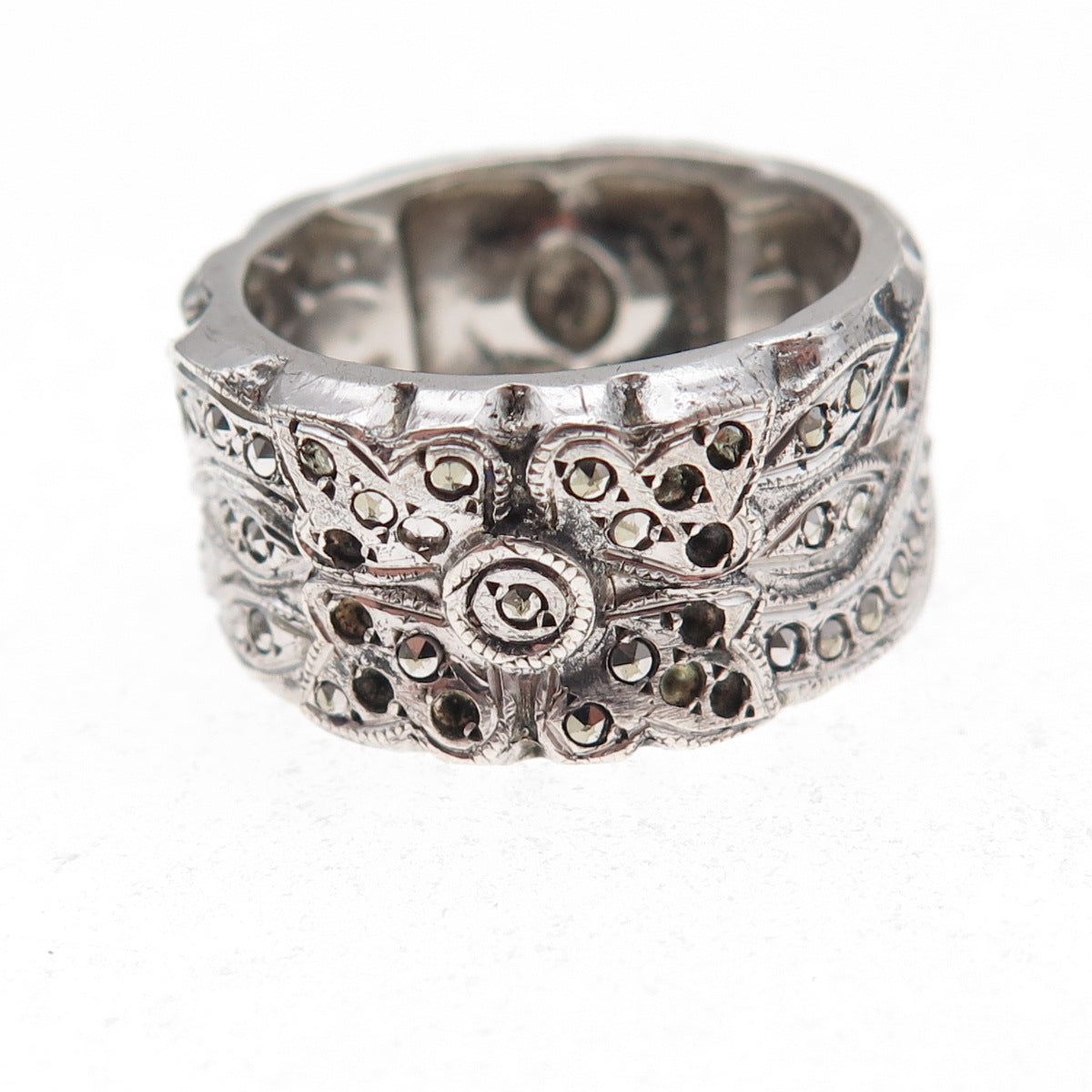 925 Sterling Antique Art Deco Marcasite Floral Ring Size 7.25 (missing stones)