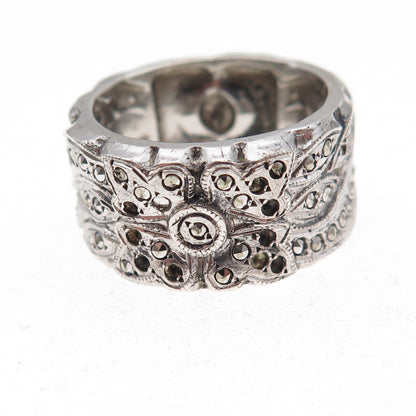 925 Sterling Antique Art Deco Marcasite Floral Ring Size 7.25 (missing stones)