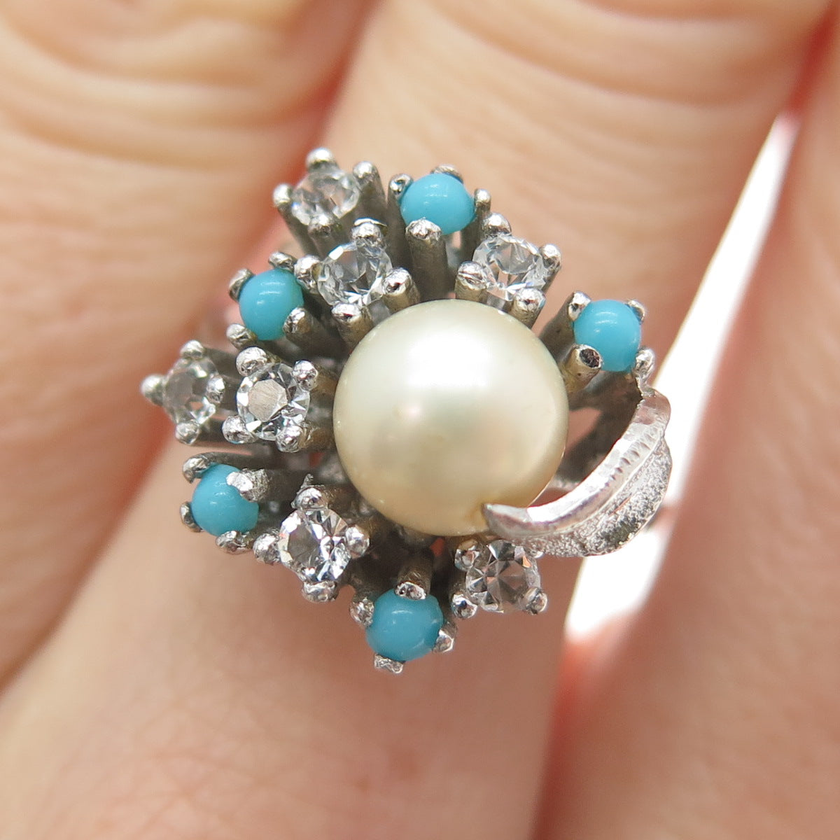 925 Sterling Silver Vintage Real Pearl Faux Turquoise & C Z Ring Size 6.5