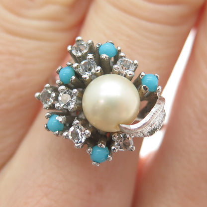 925 Sterling Silver Vintage Real Pearl Faux Turquoise & C Z Ring Size 6.5
