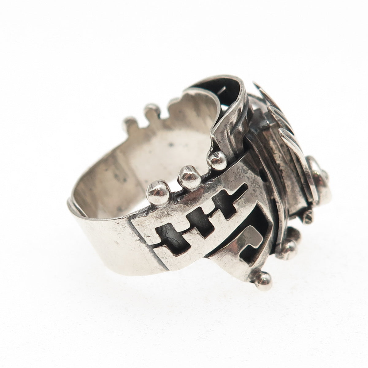 925 Sterling Silver Vintage Mayan Tribal Oxidized Adjustable Ring Size 8.75
