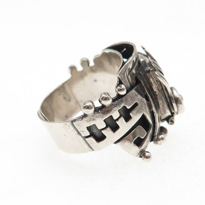 925 Sterling Silver Vintage Mayan Tribal Oxidized Adjustable Ring Size 8.75