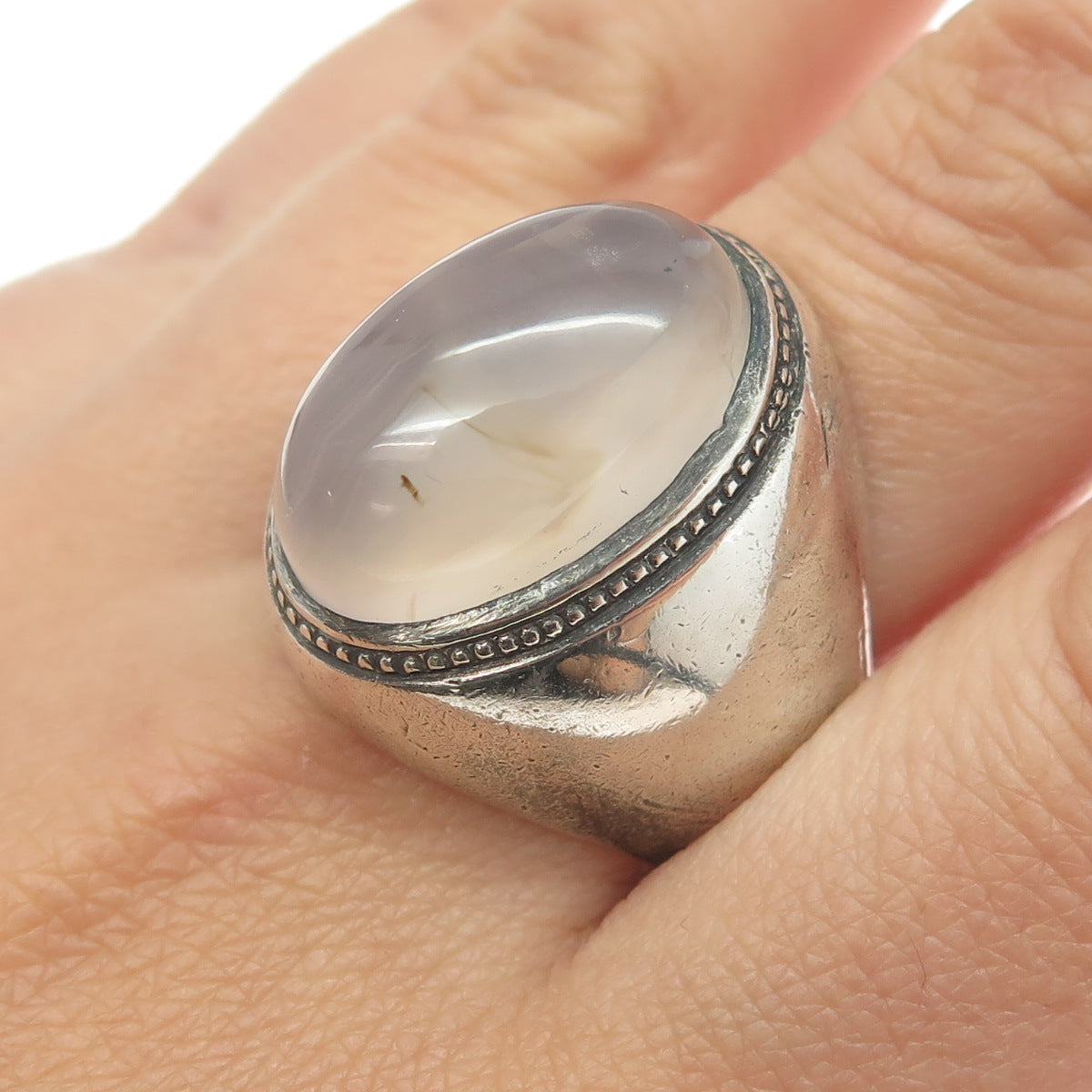 925 Sterling Silver Vintage Real Clear Agate Statement Ring Size 12