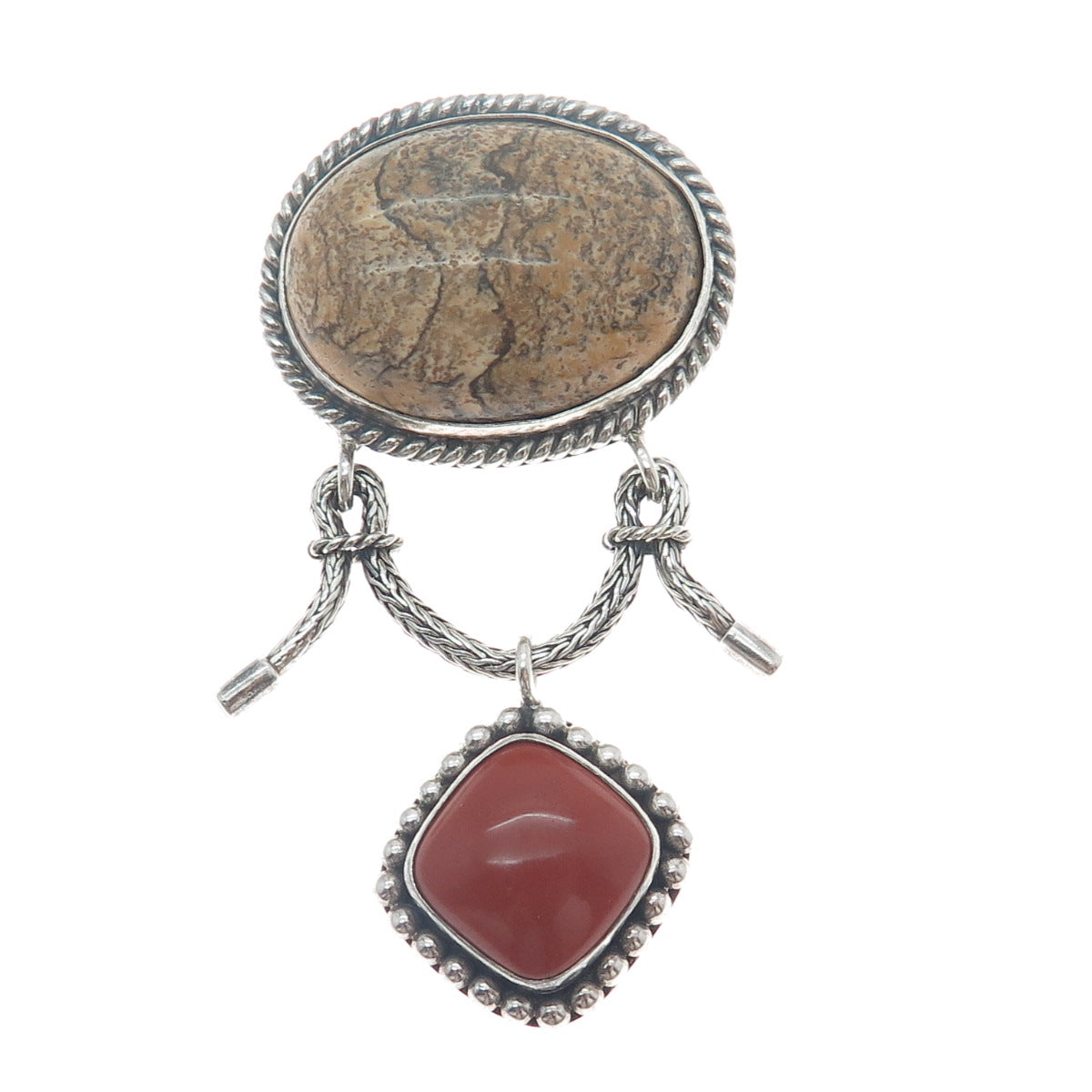 SUARTI BALI 925 Sterling Silver Vintage Real Jasper & Carnelian Oxidized Brooch