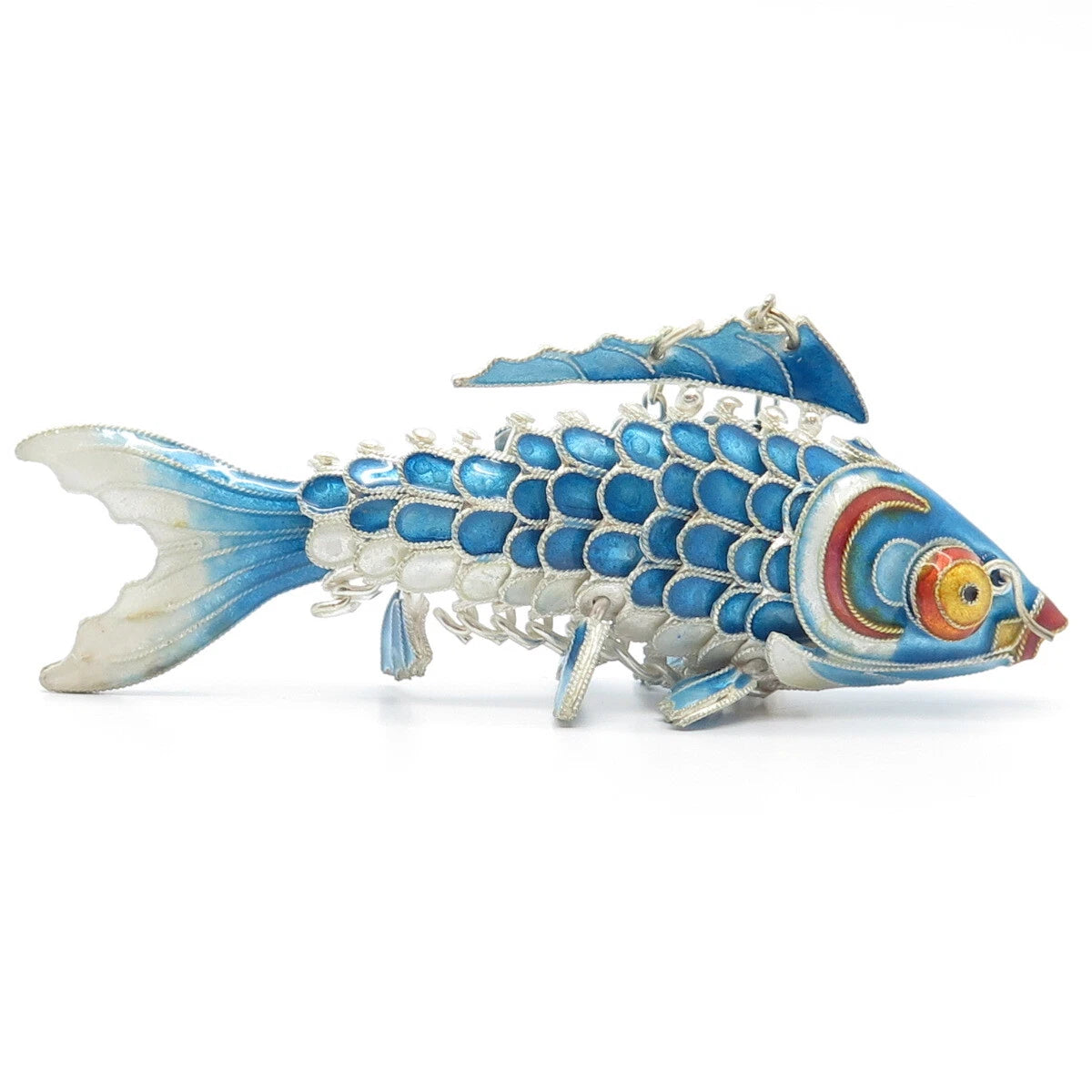 925 Sterling Silver Enamel Antique Chinese Koi Fish Chatelaine Fob / Pendant