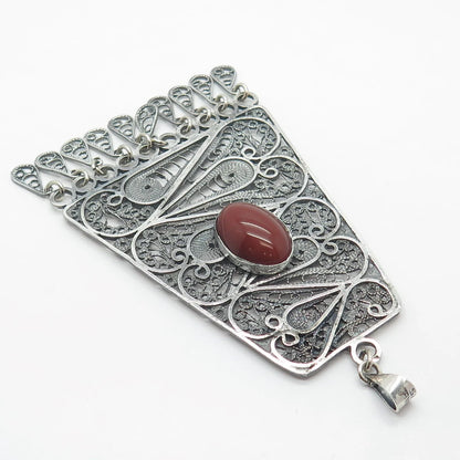 925 Sterling Silver Vintage Israel Real Carnelian Gemstone Filigree Pendant