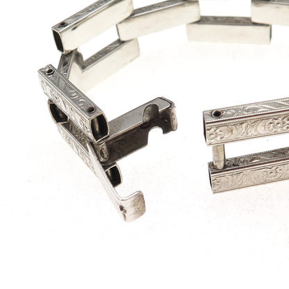 925 Sterling Silver Antique Art Deco Floral Panel Bar Link Bracelet 6.75"