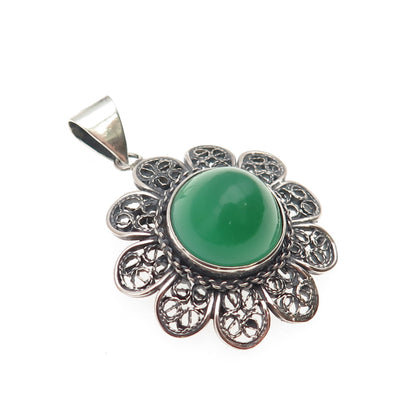 800 Silver Vintage Real Green Onyx Floral Filigree Oxidized Charm Pendant