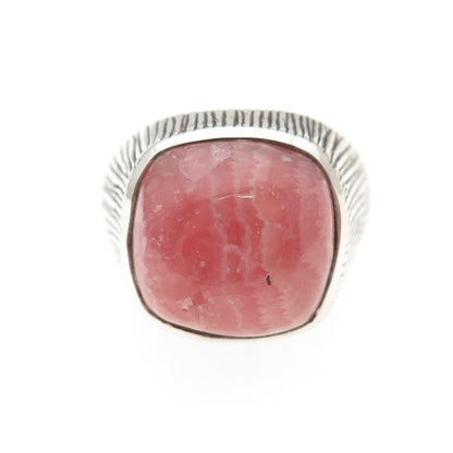 925 Sterling Silver Vintage Real Rhodochrosite Modernist Oxidized Ring Size 8