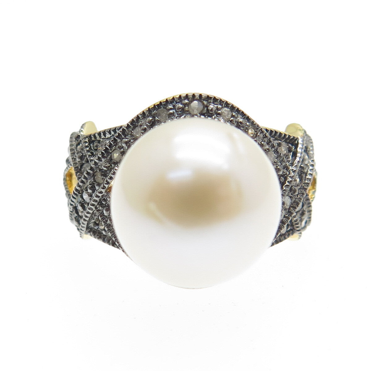 925 Sterling Silver Gold Plated Real Round-Cut Diamond & Pearl Ring Size 8