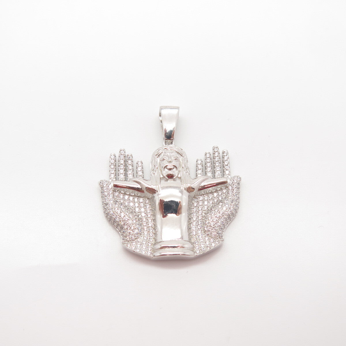 925 Sterling Silver C Z Jesus Hands Religious Pendant