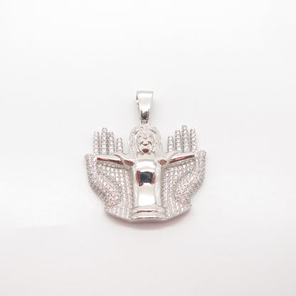 925 Sterling Silver C Z Jesus Hands Religious Pendant