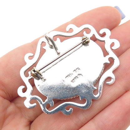 925 Sterling Silver Vintage Mexico Real Black Onyx Swirl Pin Brooch / Pendant